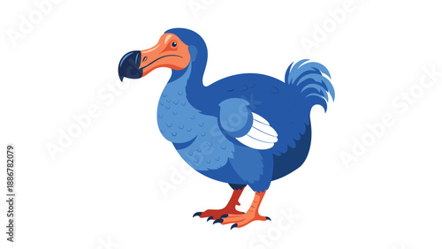 Extinct dodo bird illustration showing its unique physical features like large beak and blue feathers from side profile.