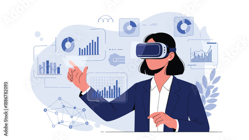 Businesswoman using virtual reality headset to analyze complex data charts and financial graphs in digital space.