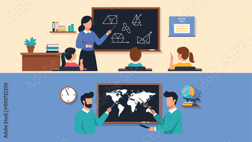 School classroom scenes showing a female teacher with students and two male teachers with a world map for geography.