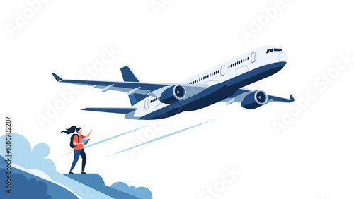 Large passenger airplane taking off from the ground with a person watching it from a cliff representing travel dreams.