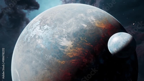 Exoplanet with Atmosphere and Moon Against Nebula Background