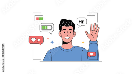 Happy young man waving and gesturing during a social media livestream with interface icons for likes and battery.
