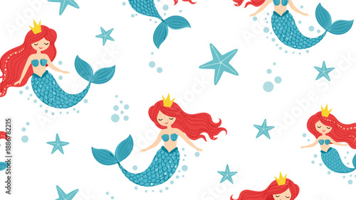 Cute mermaid pattern with red hair and blue tails swimming among starfish on a white background for fabric prints.