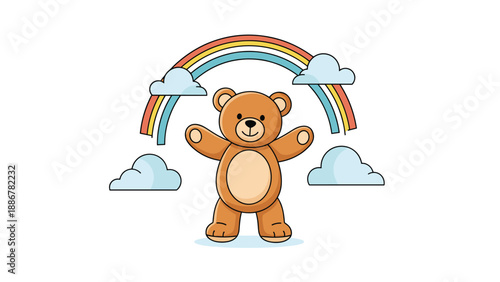 Brown teddy bear character standing happily under a colorful rainbow with white fluffy clouds on a white background.
