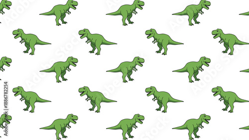 Seamless pattern featuring green tyrannosaurus rex dinosaurs in repeating rows on a plain white background for kids.