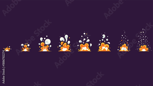 Sequence of explosion animation frames showing the stages of a blast with fire smoke and debris in pixel art style.