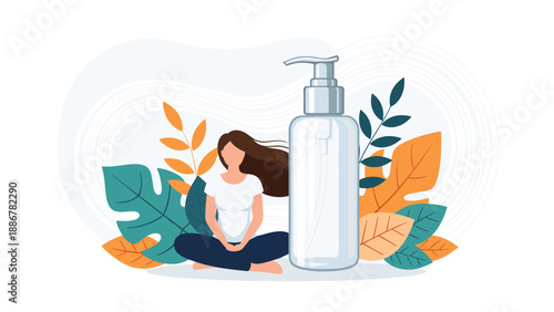 Woman sitting in a relaxed pose next to a large cosmetic serum bottle with tropical green leaves in the background.