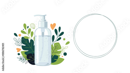 Dispenser bottle for natural beauty product decorated with green leaves and a circular frame for your brand text.