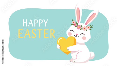 Adorable white easter bunny wearing a beautiful flower crown and holding a golden heart on a mint green background.