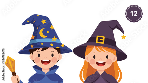 Little wizard and witch characters wearing pointed hats and robes celebrate halloween with magic and fun for children.