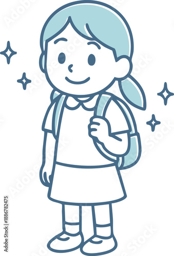 リュックを背負って登校（通学）する笑顔の女の子のイラスト（夏服・小学生・子供・教育・習い事）