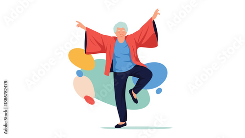 Joyful elderly woman dancing happily with outstretched arms against a colorful abstract background representing vitality and health.