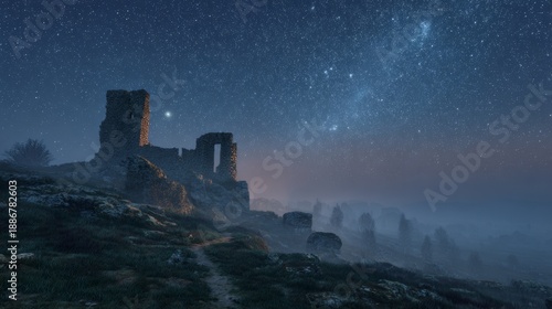 Wallpaper Mural Ancient stone ruins silhouetted on a hill under a starry night sky with mist. A walking path leads up Torontodigital.ca