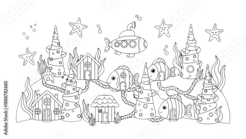 Underwater Whimsical: A fanciful illustration of an underwater scene, populated with cartoon fish, quirky houses, and playful sea stars, creating a world of imagination and delight.