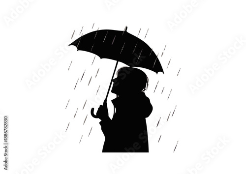 Silhouette of a person holding an umbrella in the rain, capturing a moment of shelter from a downpour