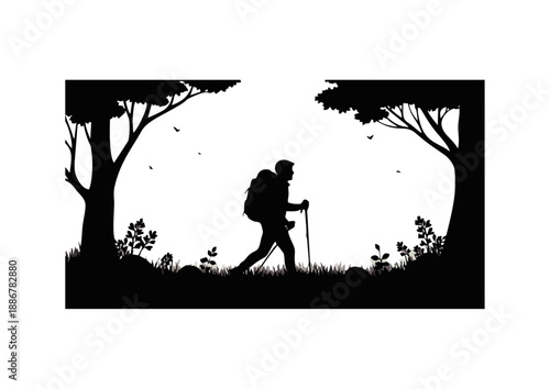 Dynamic black silhouette of an adventurer on a journey through a serene forest landscape, highlighting the spirit of exploration and connection with nature