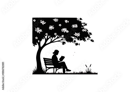 Serene silhouette of a person engrossed in a book, finding peace and knowledge beneath the sheltering branches of a blossoming tree in a tranquil park setting