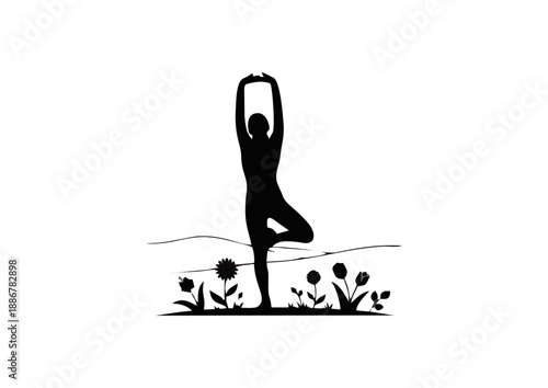Serene silhouette of a person performing a graceful yoga tree pose amidst a tranquil natural setting with blooming flowers, symbolizing balance, wellness, and harmony