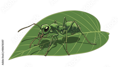 Large green weaver ant standing on a green leaf in nature showing intricate insect details and natural habitat.