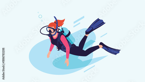 Female scuba diver with a tank and flippers swimming underwater exploring the ocean depths for marine adventure.