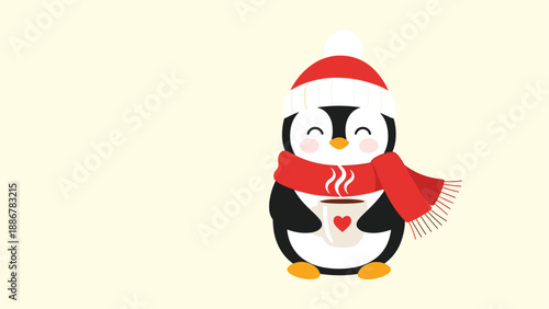 Cute penguin wearing a red hat and scarf holding a hot cup of cocoa to stay warm during winter season.
