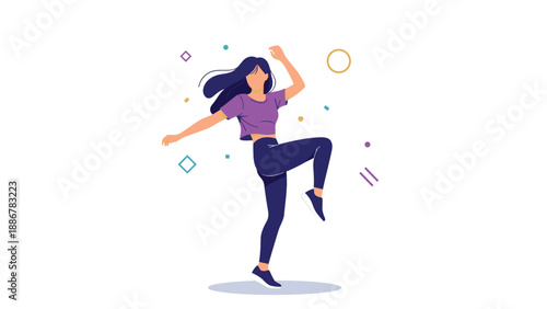 Young woman dancing energetically with joyful movements surrounded by abstract geometric shapes and bright colors.