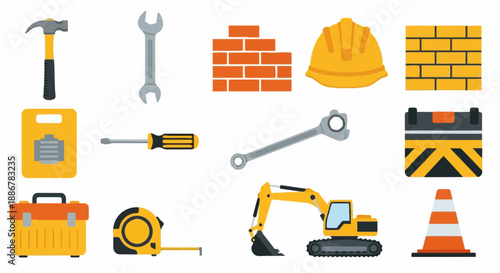 Collection of construction tools and equipment arranged neatly on a white surface viewed from directly above