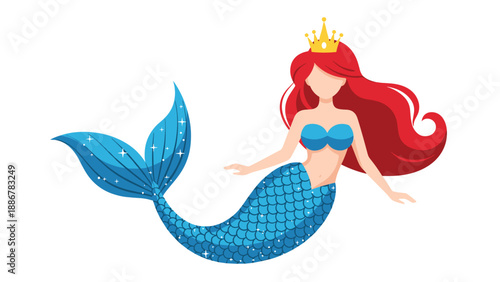 Beautiful mermaid with long red hair and a shimmering blue tail wearing a golden crown for fantasy fairytale art.