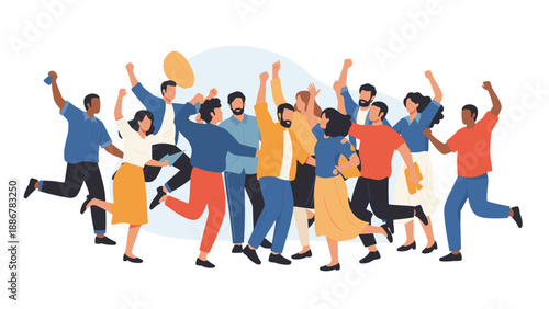 Diverse group of people jumping and celebrating together with joy and excitement representing community and success.