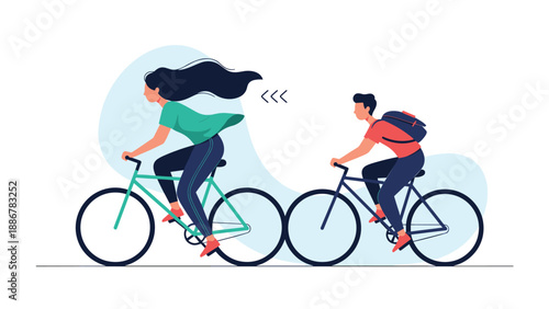 Man and woman riding bicycles together outdoors for fitness leisure and eco friendly transportation in a city.