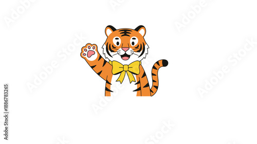 Friendly cartoon tiger waving with a paw and wearing a yellow bow tie to greet and welcome children for fun.