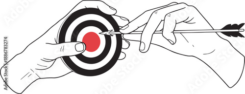 Precision aiming at target's bullseye with arrow held by hands concept of success strategy and focus in business or game