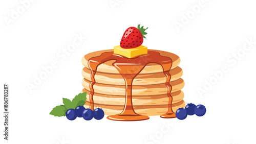 Stack of fresh pancakes topped with melting butter dripping syrup a strawberry and blueberries for a delicious breakfast.