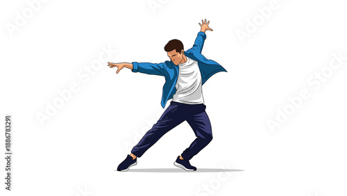 Young man performing an expressive modern dance move with outstretched arms and dynamic posture for a performance.