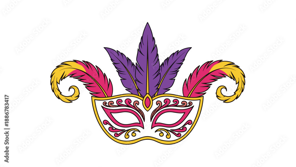 Obraz premium Festive masquerade mask adorned with colorful purple, pink, and yellow feathers, perfect for carnival celebrations and vibrant theatrical events.