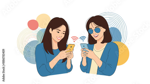 Pair of happy young women exchanging data and connecting via wireless internet on their smartphones against an abstract background.
