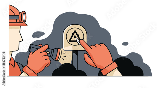 Miner Illuminates Warning Sign In An Underground Mine Illustrative Vector