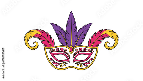 Festive masquerade mask adorned with colorful purple, pink, and yellow feathers, perfect for carnival celebrations and vibrant theatrical events.
