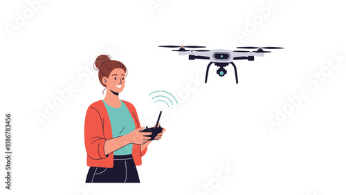 Young woman smiling while operating a remote control to fly a modern quadcopter drone in the air against a simple white background for hobby.