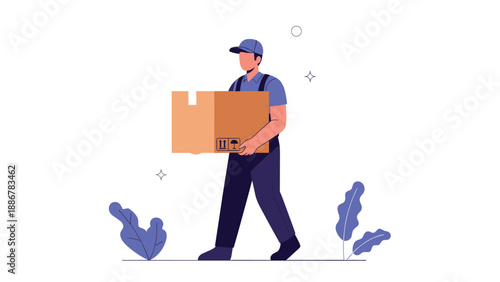 Professional delivery service worker wearing a blue uniform and cap while carrying a large cardboard box for a customer shipment at his job.