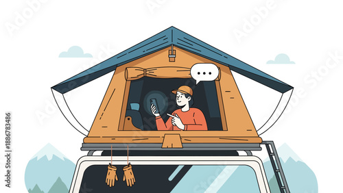 Modern Car Camping Adventure With Rooftop Tent And Mobile Connection