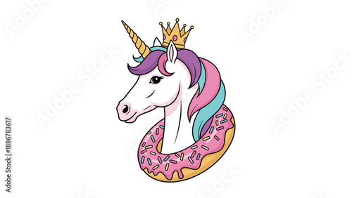 Magical white unicorn with a purple and blue mane wearing a golden crown and having its neck encircled by a large pink glazed donut with sprinkles.