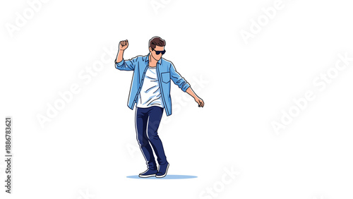 Stylish young man wearing sunglasses and a denim shirt performing a cool dance move against a clean white background in a vector art style.