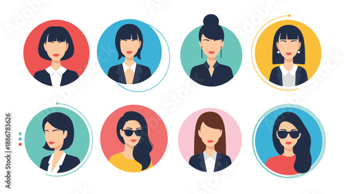 Collection of eight diverse female avatars in circular frames, featuring different hairstyles, outfits, and accessories for professional use.