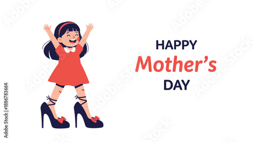 Happy young girl in a red dress wearing oversized black high heels and raising her arms to celebrate a festive happy mother's day for her mom.