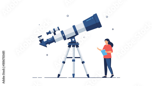 Young woman holding a notebook and standing next to a large professional telescope on a tripod to observe the night sky and distant stars.