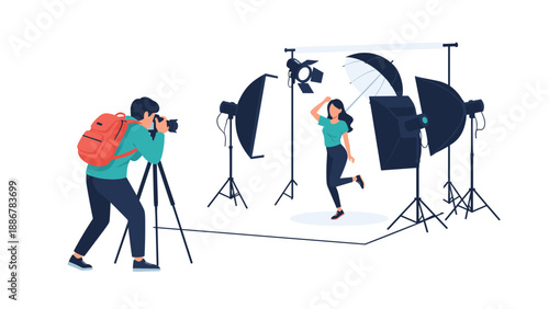 Professional photographer with a red backpack taking pictures of a female model posing in a modern studio with various professional lights.