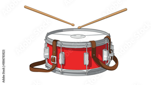 Classic red snare drum with white head and brown leather straps accompanied by two wooden drumsticks for musical performance and percussions.
