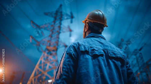 An electrician wearing a protective helmet inspects an electrical transmission line at an electrical substation at night, a concept of energy, electricity, and industrial safety.