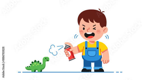 Mischievous Boy Spraying Cartoon Dinosaur With Spray Paint For Creative Play